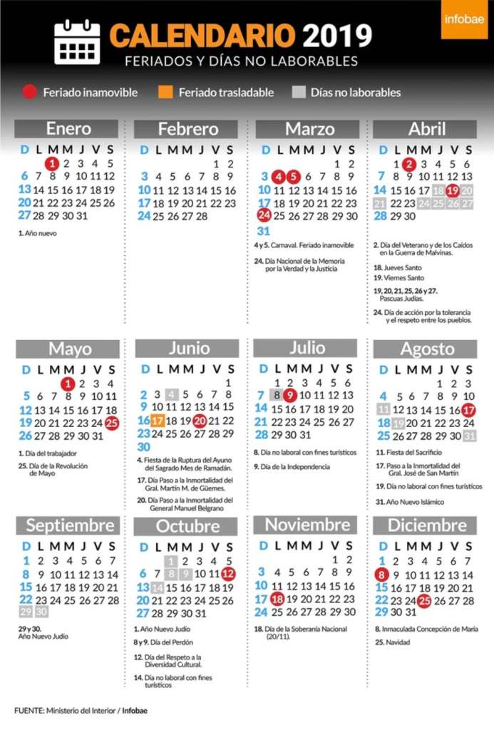 Calendario 2019 Argentina con Feriados Nacionales - Imprime en Color