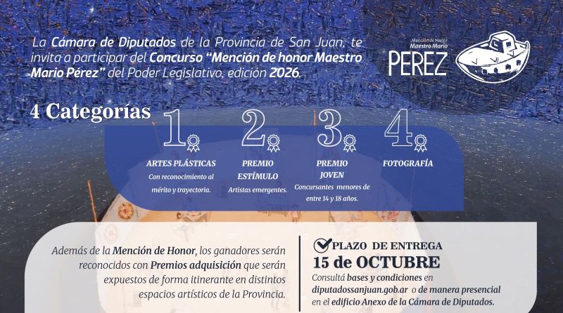 Inscripción «Mención de Honor Maestro Mario Pérez 2026» de la Cámara de Diputados de San Juan